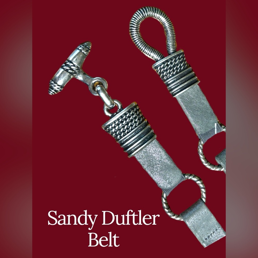 Sandy Duftler-size large vintage T-bar belt. Leather, elastic, metalwork. EUC!